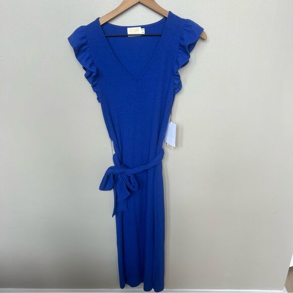 Nation LTD Oriana Ruffled Sash Dress Ribbed Midi Dress Royal Blue Suede NWT - Picture 6 of 14